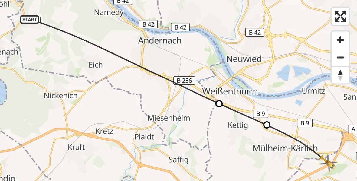 Flugroute Rettungshubschrauber Andernach - Koblenz, 14 Juni 2026, 09:42
