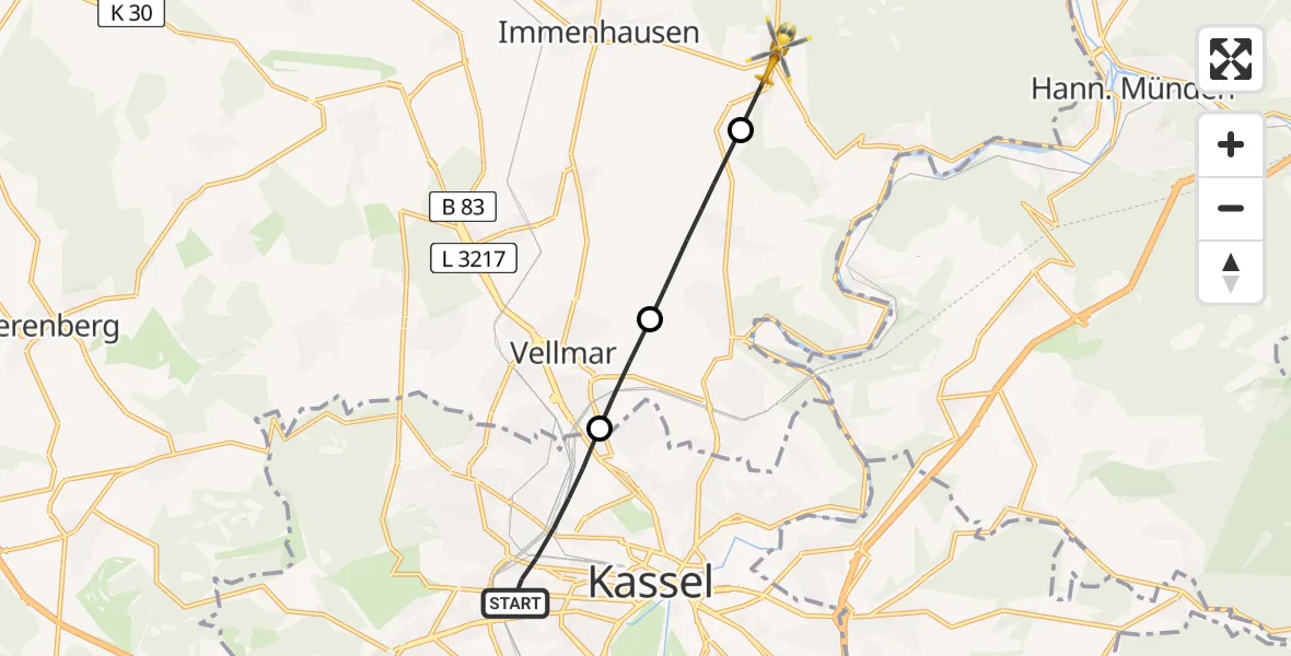 Flugroute Rettungshubschrauber Kassel - Immenhausen, 14 Juni 2026, 09:42