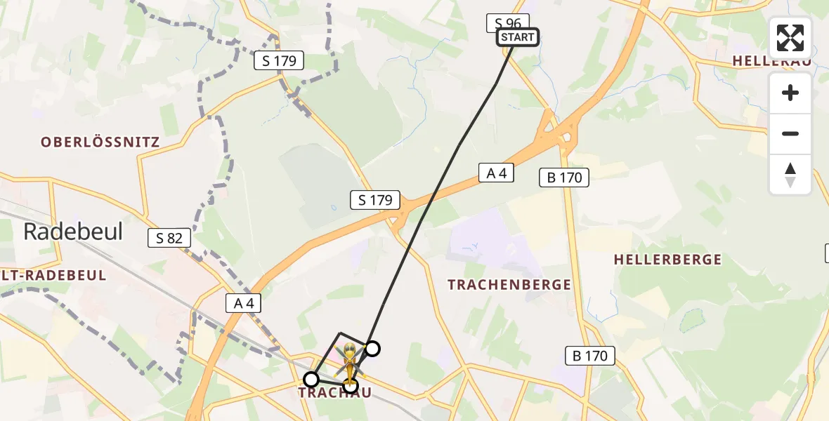 Flugroute Rettungshubschrauber Dresden - Dresden Neustadt Hospital, 14 Juni 2026, 09:42
