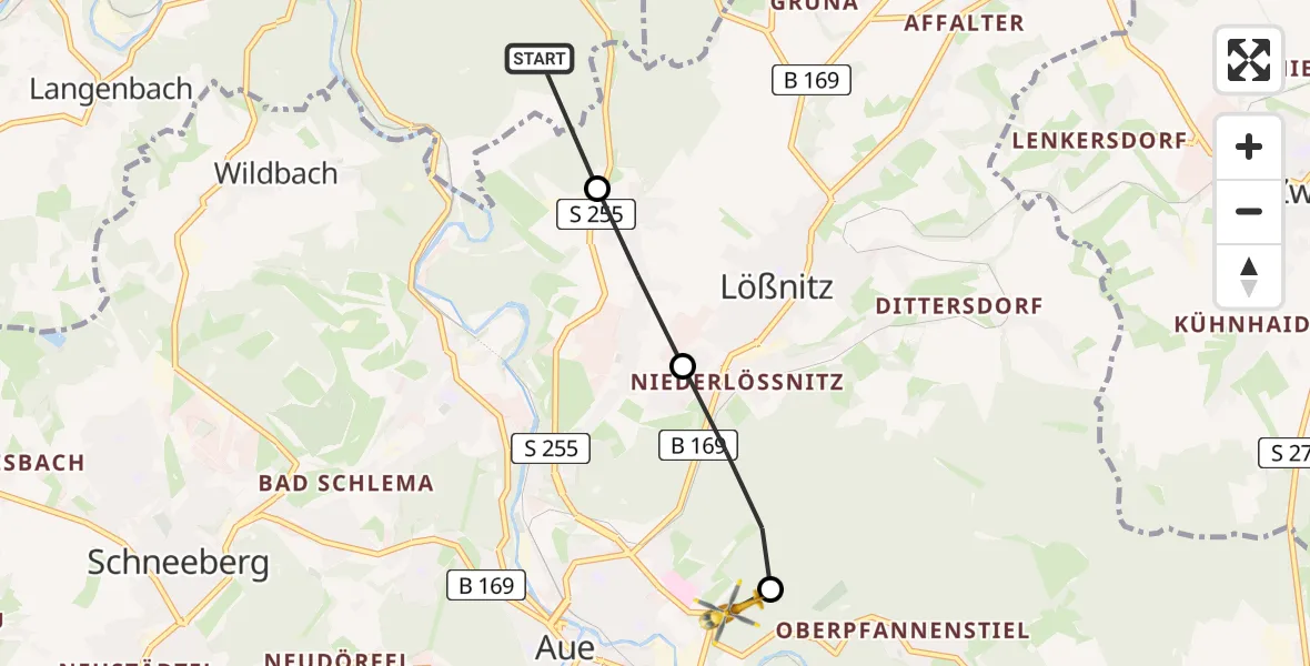 Flugroute Rettungshubschrauber Hartenstein - Aue-Bad Schlema, 14 Juni 2026, 09:49