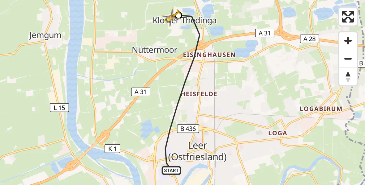 Flugroute Rettungshubschrauber Leer (Ostfriesland) - Flugplatz Leer-Papenburg, 14 Juni 2026, 09:58