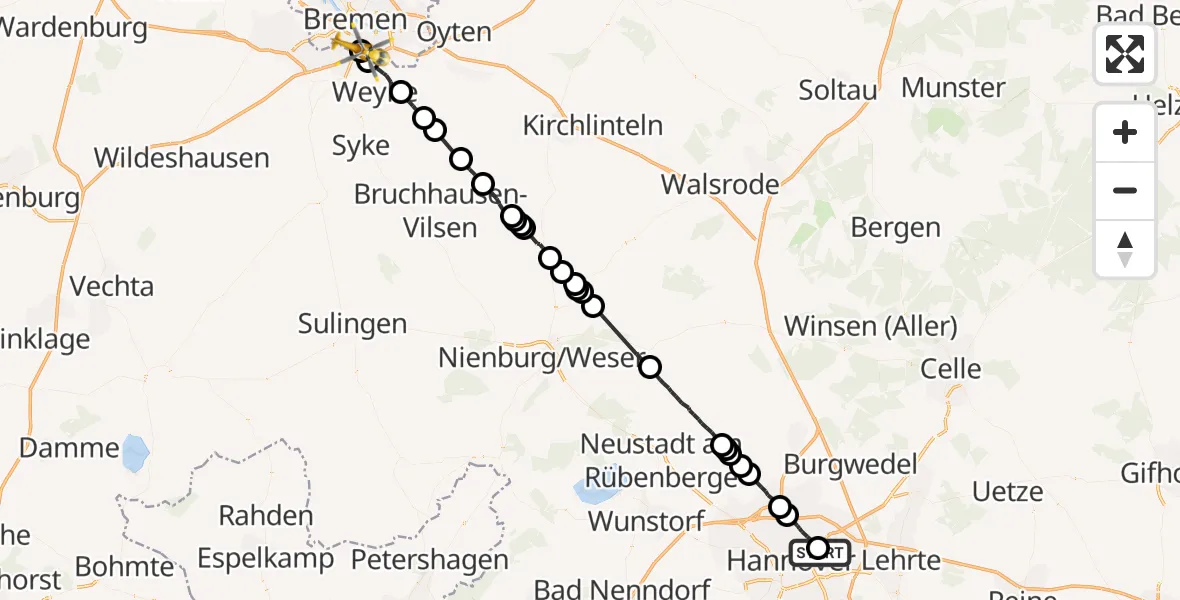 Flugroute Rettungshubschrauber Hannover Luftrettung Hubschrauberlandeplatz (Christoph 4) - ADAC Air Rescue Station Bremen Hubschrauberlandeplatz (Christoph 6), 14 Juni 2026, 09:59