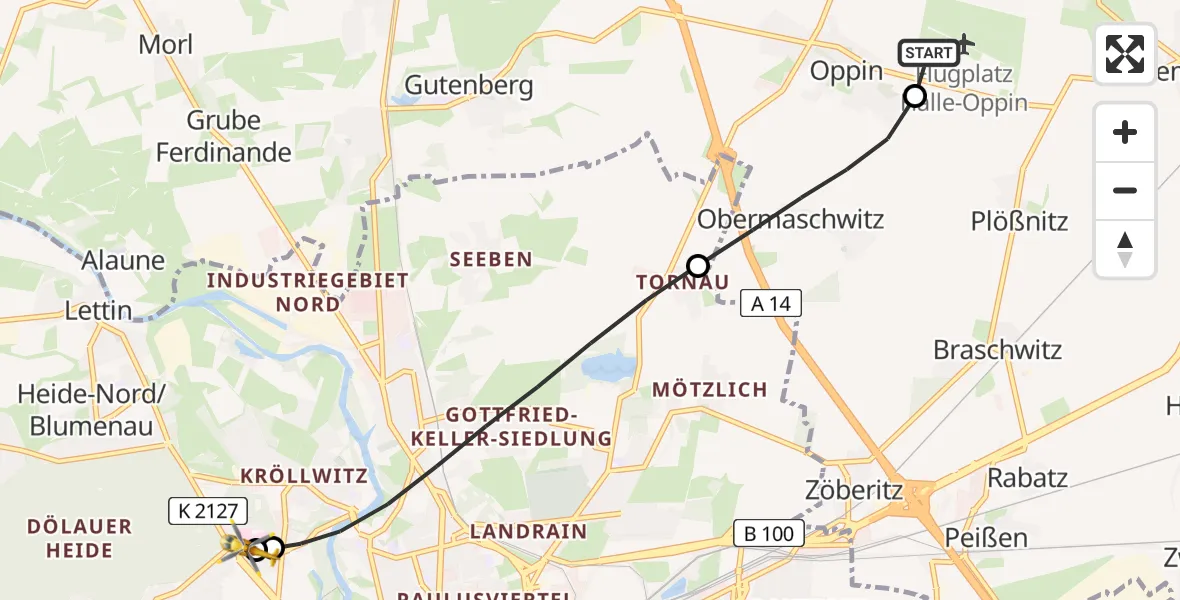 Flugroute Rettungshubschrauber Halle-Oppin Flugplatz - Halle (Saale) University Hospital, 14 Juni 2026, 10:00