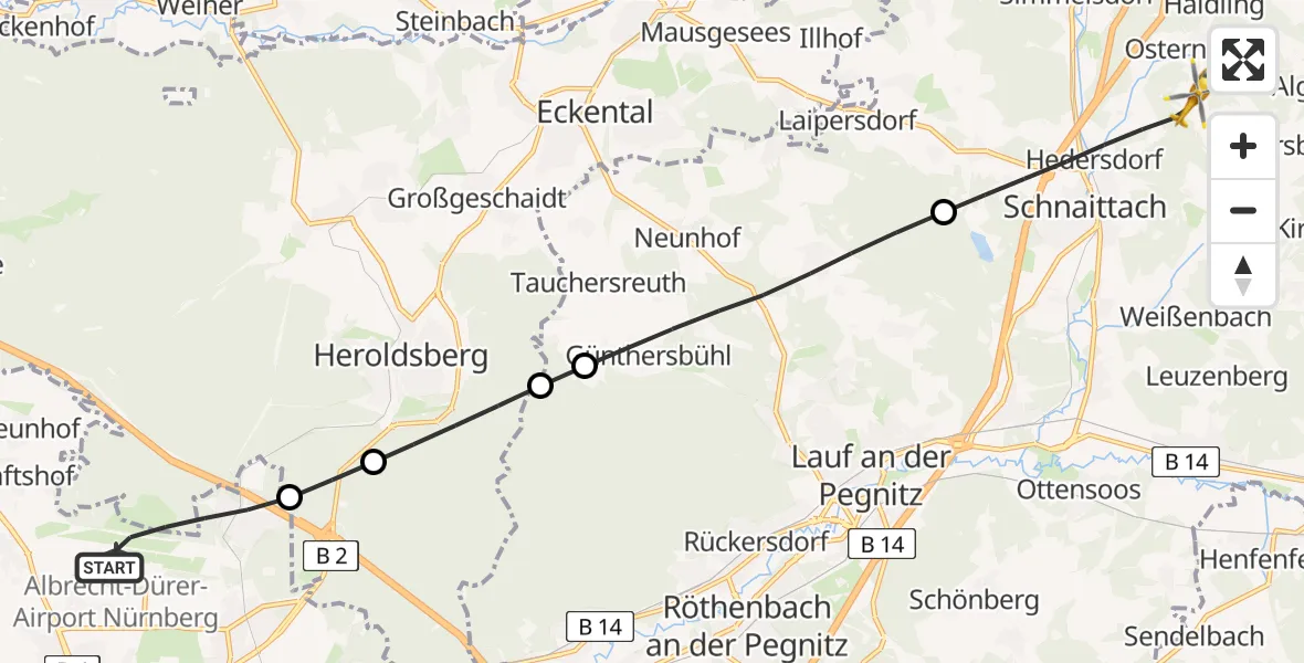 Flugroute Ambulanzhubschrauber Flughafen Nuremberg - Schnaittach, 14 Juni 2026, 10:02