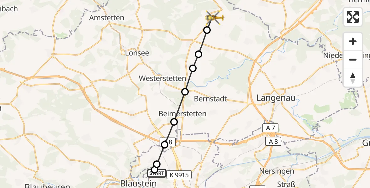 Flugroute Rettungshubschrauber Ulm Military Hospital Emergency - Altheim (Alb), 14 Juni 2026, 10:04