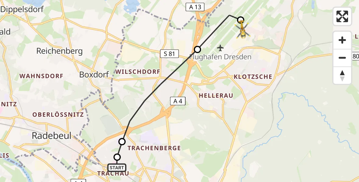Flugroute Rettungshubschrauber Dresden Neustadt Hospital - Dresden Bundespolizei Hubschrauberlandeplatz, 14 Juni 2026, 10:06