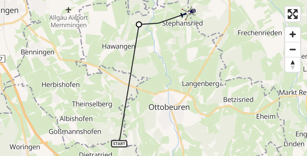 Flugroute Polizeihubschrauber Wolfertschwenden - Ottobeuren, 14 Juni 2026, 10:08