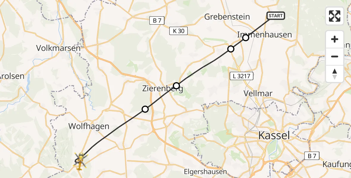 Flugroute Rettungshubschrauber Immenhausen - Wolfhagen, 14 Juni 2026, 10:14