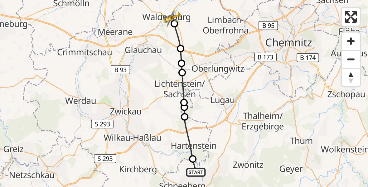 Flugroute Rettungshubschrauber Aue-Bad Schlema - Waldenburg, 14 Juni 2026, 10:14
