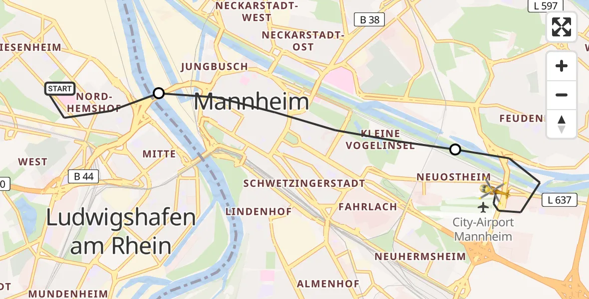 Flugroute Rettungshubschrauber Ludwigshafen am Rhein - Mannheim-City Flughafen, 14 Juni 2026, 10:20