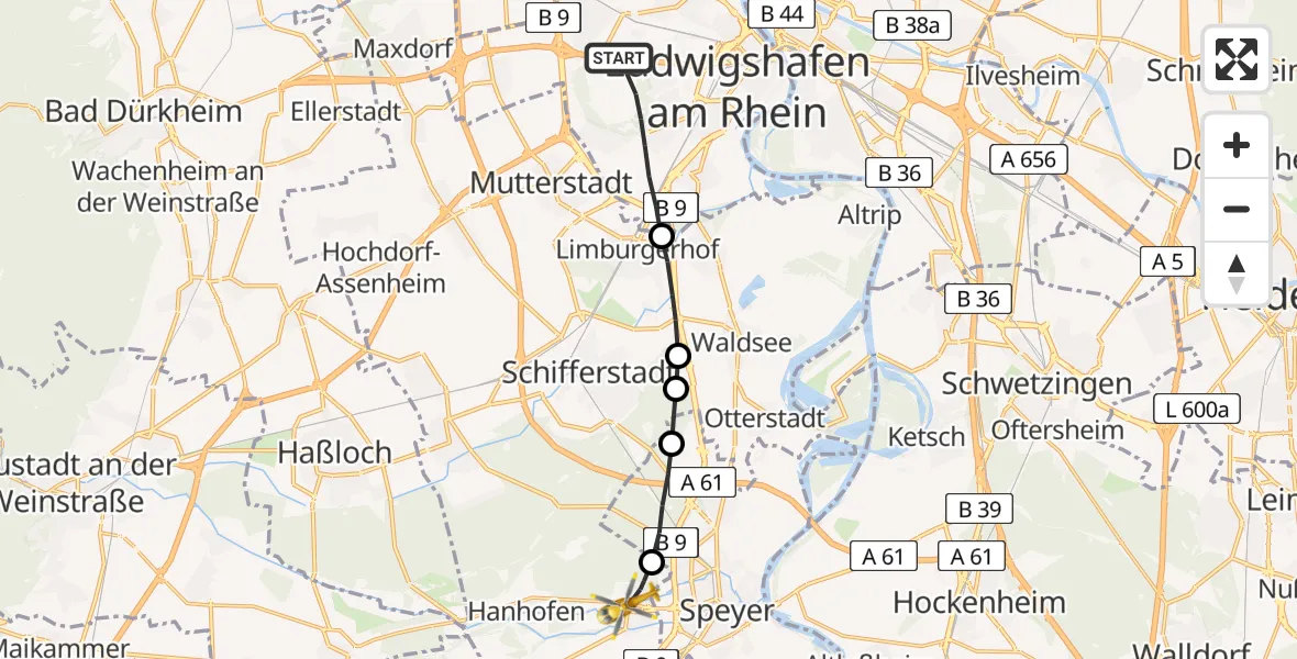 Flugroute Rettungshubschrauber Ludwigshafen am Rhein - Dudenhofen, 14 Juni 2026, 10:23