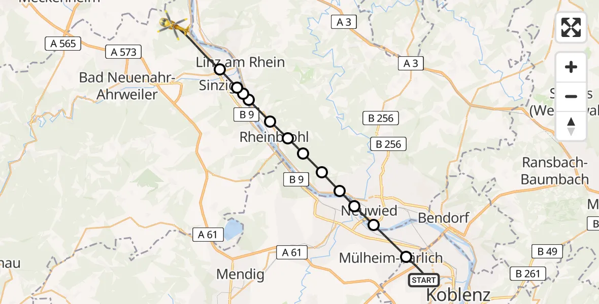 Flugroute Rettungshubschrauber Koblenz - Remagen, 14 Juni 2026, 10:28