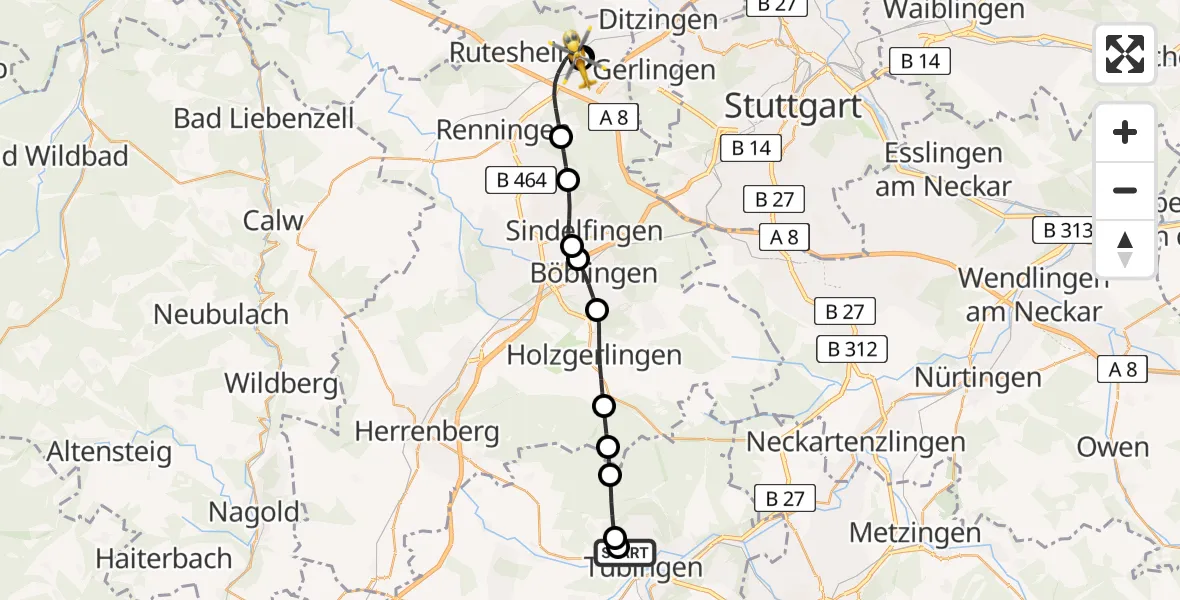 Flugroute Rettungshubschrauber Tübingen University Hospital - Leonberg Hospital, 14 Juni 2026, 10:32