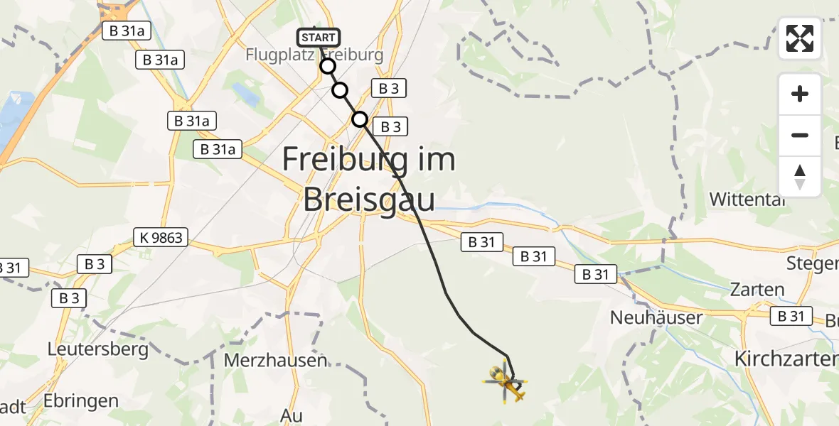 Flugroute Ambulanzhubschrauber Freiburg im Breisgau Flugplatz - Freiburg im Breisgau, 14 Juni 2026, 10:38