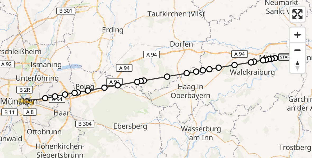 Flugroute Rettungshubschrauber Mühldorf a.Inn - Rechts der Isar University Hospital, 14 Juni 2026, 10:38