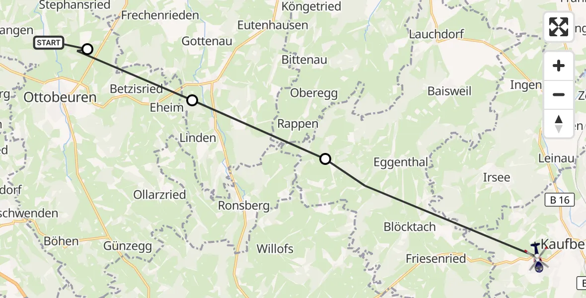 Flugroute Polizeihubschrauber Hawangen - Kaufbeuren, 14 Juni 2026, 10:39