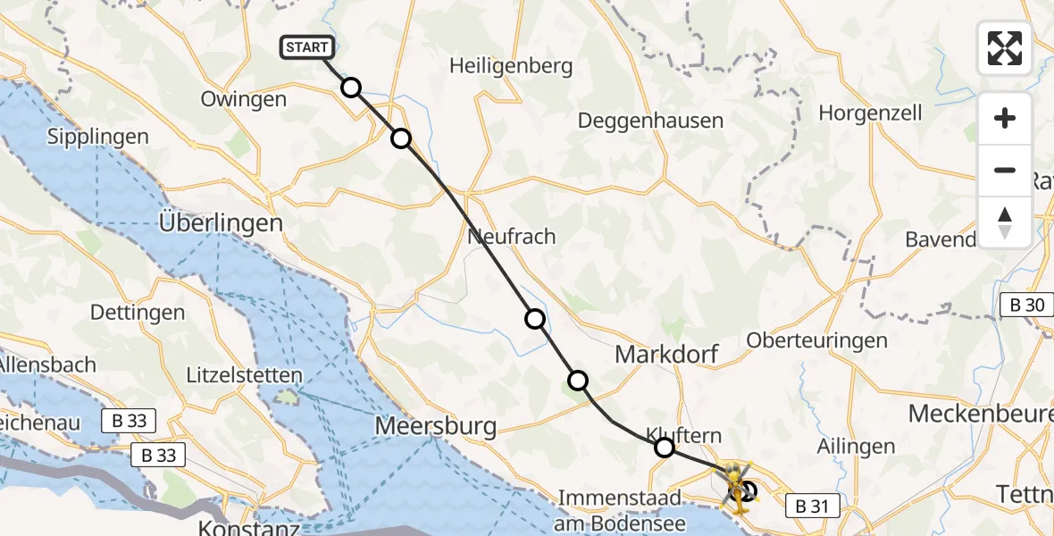 Flugroute Rettungshubschrauber Owingen - Friedrichshafen Hospital, 14 Juni 2026, 10:40