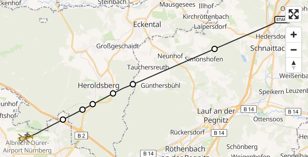 Flugroute Ambulanzhubschrauber Schnaittach - Flughafen Nuremberg, 14 Juni 2026, 10:45