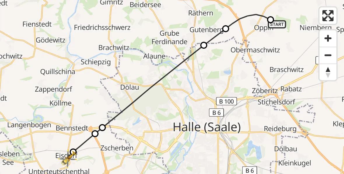 Flugroute Rettungshubschrauber Halle-Oppin Flugplatz - Teutschenthal, 14 Juni 2026, 10:45