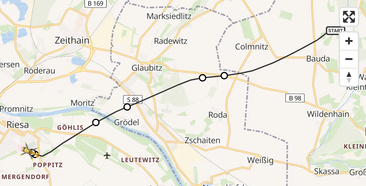 Flugroute Rettungshubschrauber Großenhain - Riesa Hospital, 14 Juni 2026, 10:50