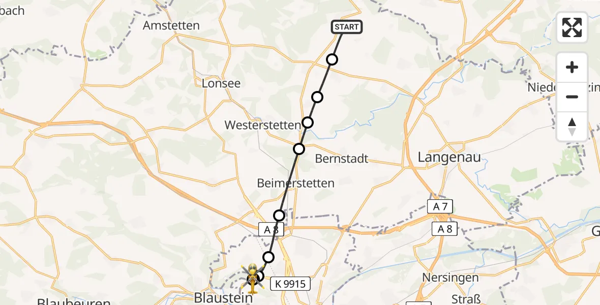 Flugroute Rettungshubschrauber Altheim (Alb) - ADAC Air Rescue Station Ulm (Christoph 22), 14 Juni 2026, 10:51