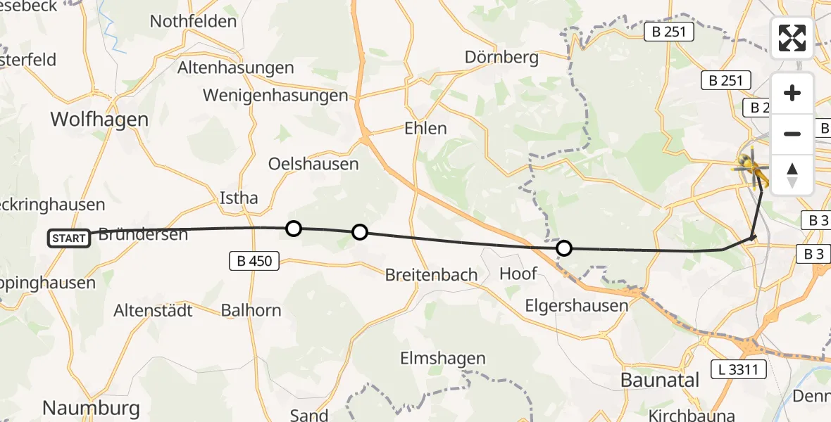 Flugroute Rettungshubschrauber Wolfhagen - Kassel, 14 Juni 2026, 11:01
