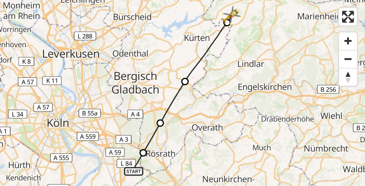 Flugroute Rettungshubschrauber Köln Bonn Flughafen - Wipperfürth, 14 Juni 2026, 11:03