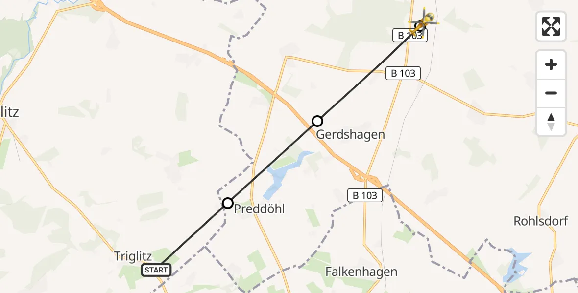 Flugroute Rettungshubschrauber Triglitz - Meyenburg, 14 Juni 2026, 11:03