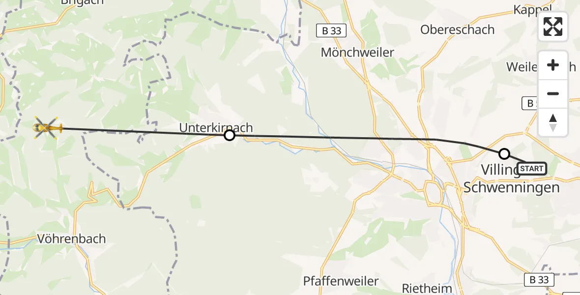 Flugroute Ambulanzhubschrauber DRF Air Rescue Station Villingen-Schwenningen Hubschrauberlandeplatz (Christoph 11) - Vöhrenbach, 14 Juni 2026, 11:08