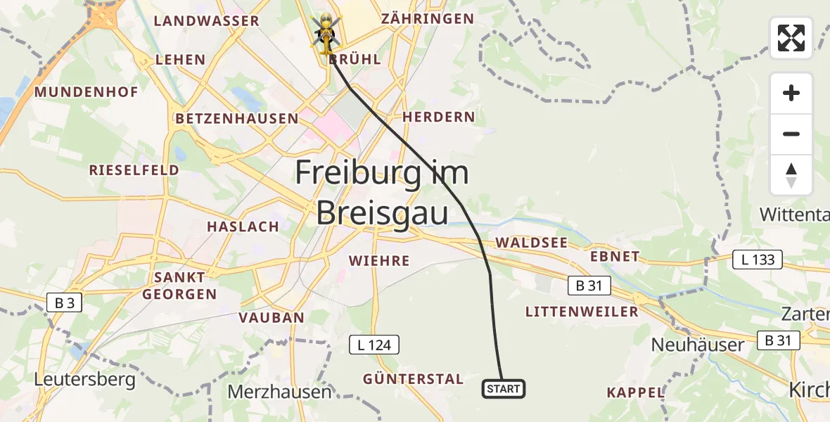 Flugroute Ambulanzhubschrauber Freiburg im Breisgau - Freiburg im Breisgau Flugplatz, 14 Juni 2026, 11:09
