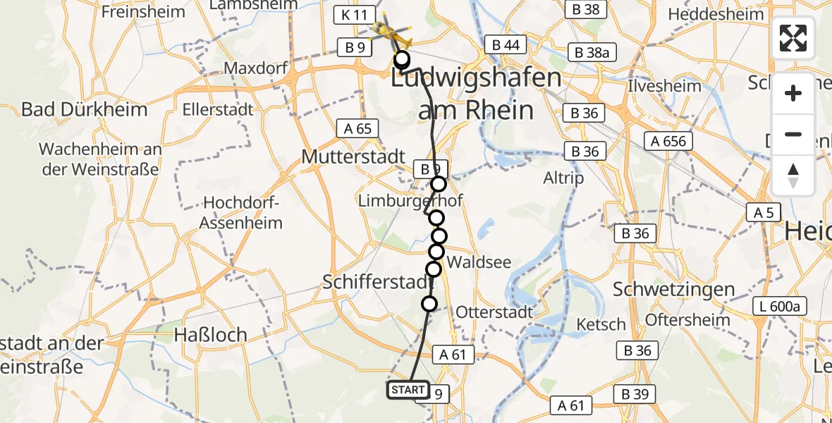 Flugroute Rettungshubschrauber Speyer - Ludwigshafen am Rhein, 14 Juni 2026, 11:09