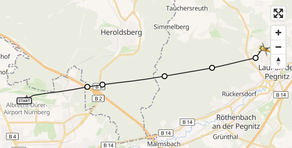 Flugroute Ambulanzhubschrauber Flughafen Nuremberg - Lauf a.d.Pegnitz, 14 Juni 2026, 11:10