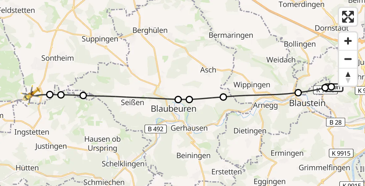 Flugroute Rettungshubschrauber Ulm Military Hospital Emergency - Heroldstatt, 14 Juni 2026, 11:17