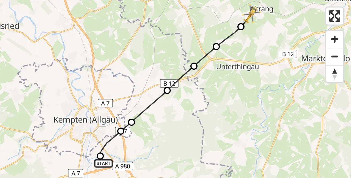 Flugroute Rettungshubschrauber Kempten-Durach Flugplatz - Aitrang, 14 Juni 2026, 11:17