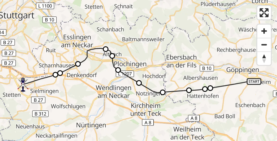 Flugroute Polizeihubschrauber Göppingen - Flughafen Stuttgart, 14 Juni 2026, 11:33