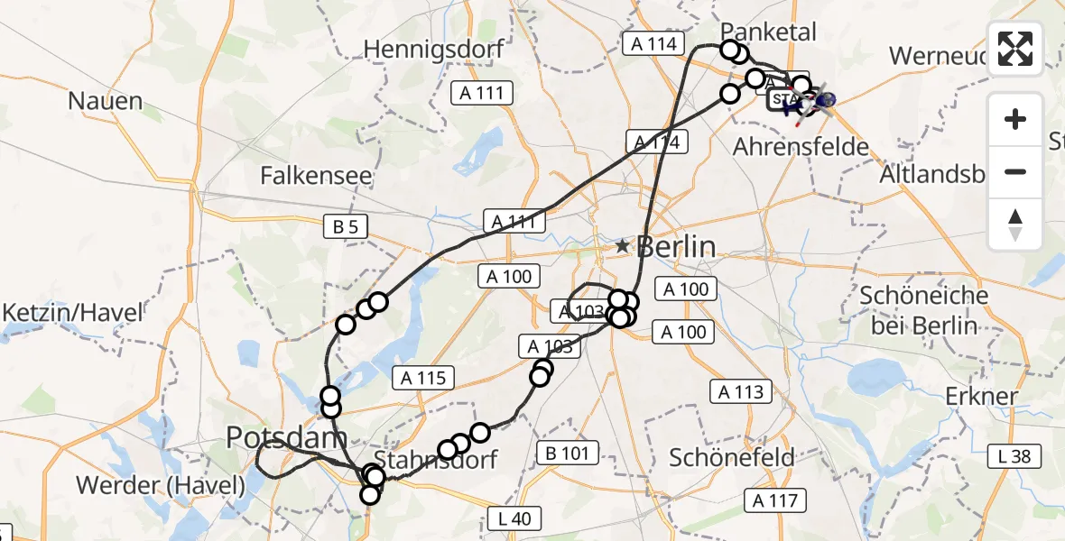 Flugroute Polizeihubschrauber Panketal - Ahrensfelde Hubschrauberlandeplatz, 14 Juni 2026, 11:34