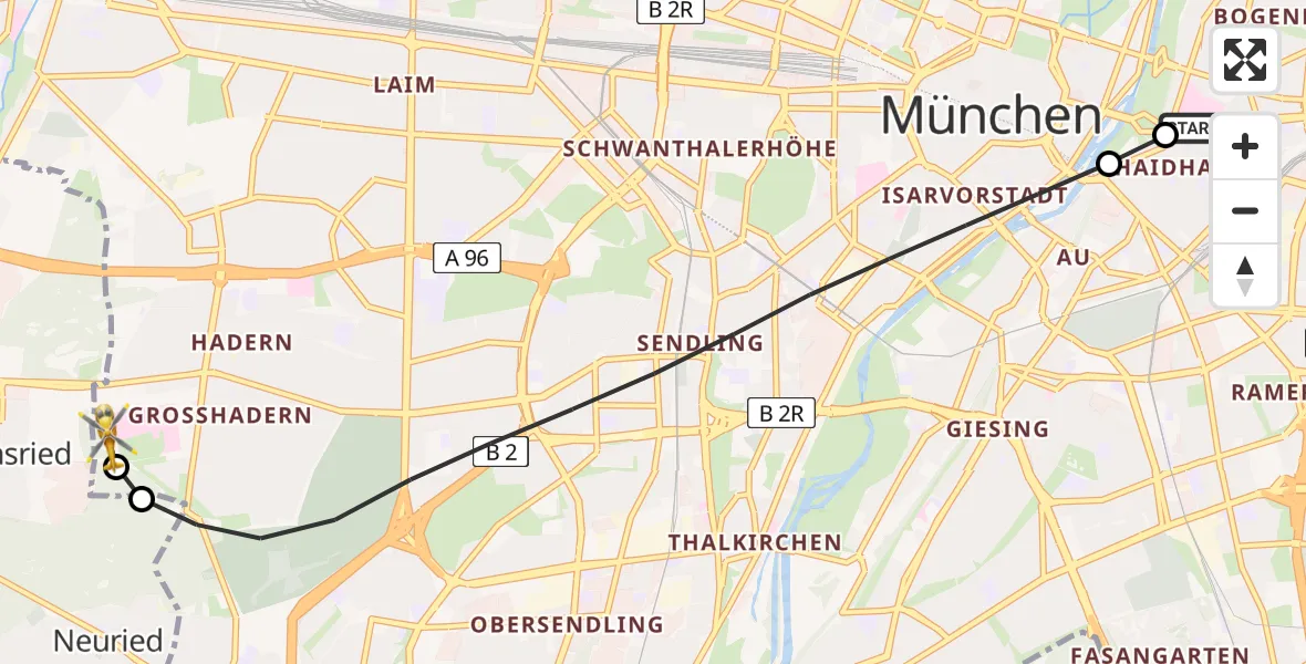 Flugroute Rettungshubschrauber Rechts der Isar University Hospital - DRF Air Rescue München Hubschrauberlandeplatz, 14 Juni 2026, 11:43