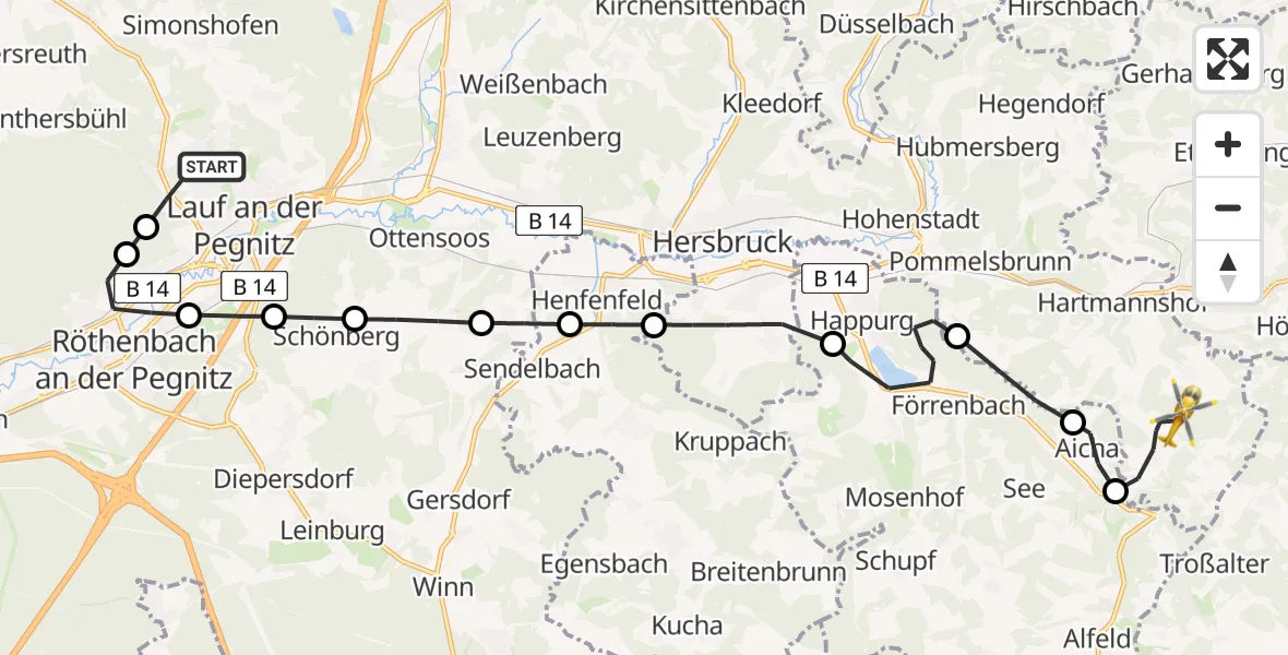 Flugroute Ambulanzhubschrauber Lauf a.d.Pegnitz - Pommelsbrunn, 14 Juni 2026, 11:44