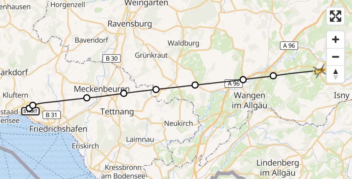Flugroute Rettungshubschrauber Friedrichshafen Hospital - Argenbühl, 14 Juni 2026, 11:45