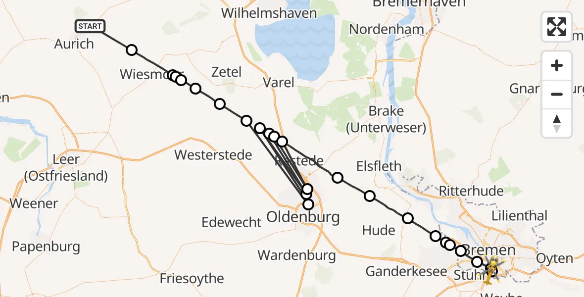 Flugroute Rettungshubschrauber Aurich - ADAC Air Rescue Station Bremen Hubschrauberlandeplatz (Christoph 6), 14 Juni 2026, 11:45