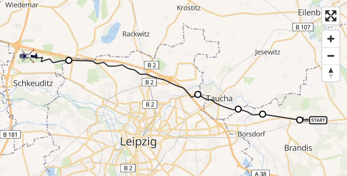 Flugroute Polizeihubschrauber Machern - Flughafen Leipzig/Halle, 14 Juni 2026, 11:46