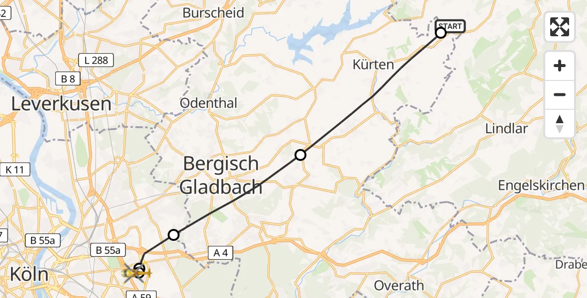 Flugroute Rettungshubschrauber Wipperfürth - Merheim Hospital, 14 Juni 2026, 11:46