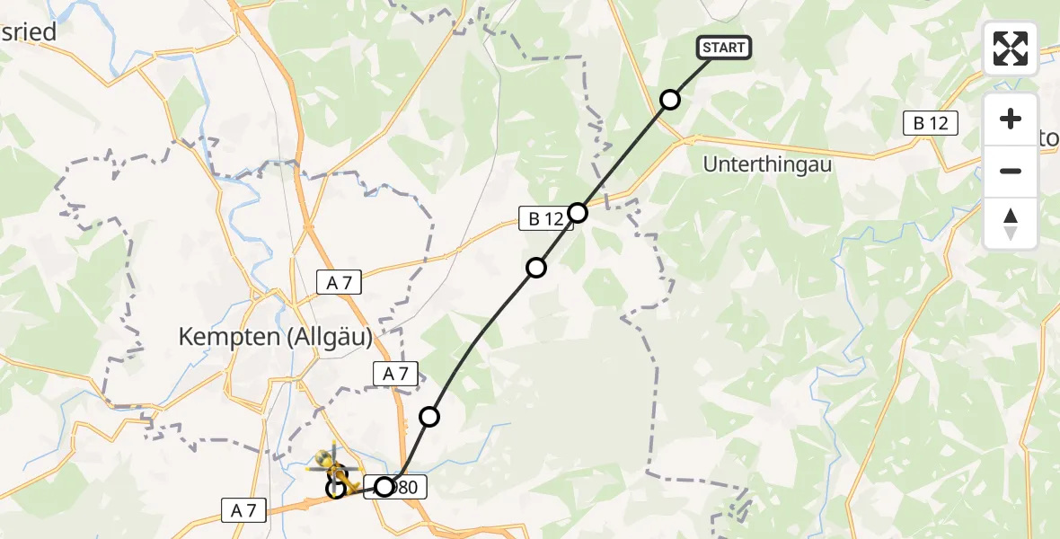 Flugroute Rettungshubschrauber Unterthingau - Kempten-Durach Flugplatz, 14 Juni 2026, 11:56