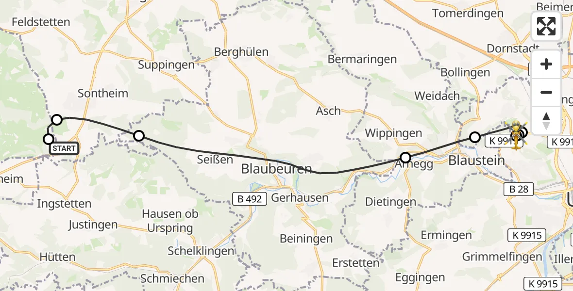 Flugroute Rettungshubschrauber Heroldstatt - ADAC Air Rescue Station Ulm (Christoph 22), 14 Juni 2026, 12:01