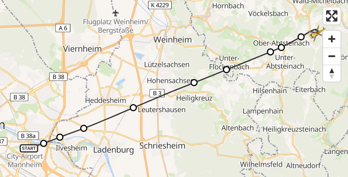 Flugroute Rettungshubschrauber Mannheim-City Flughafen - Wald-Michelbach, 14 Juni 2026, 12:04