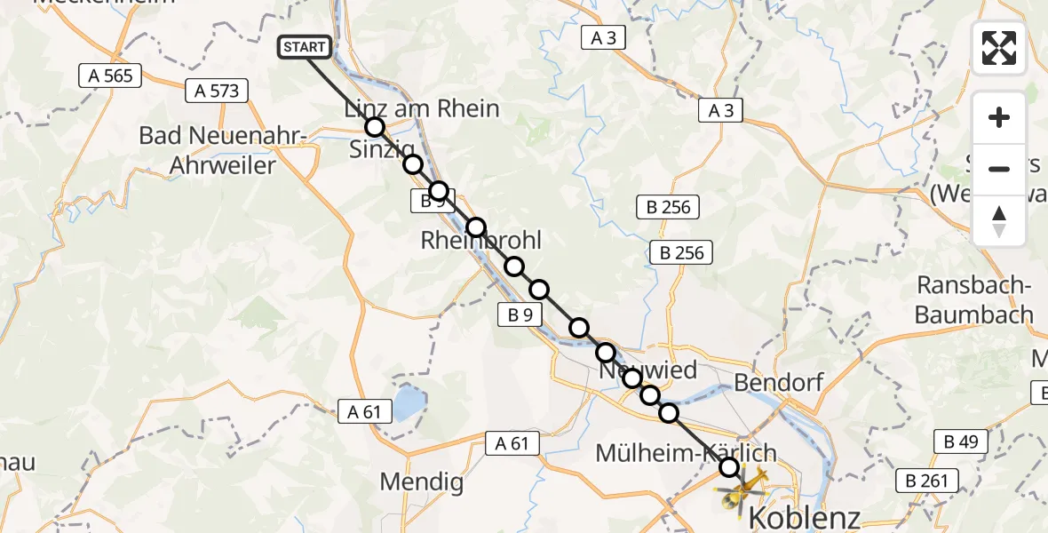 Flugroute Rettungshubschrauber Remagen - Koblenz, 14 Juni 2026, 12:07