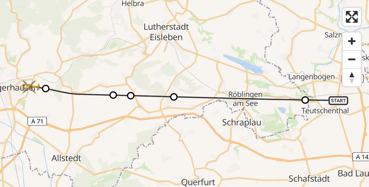 Flugroute Rettungshubschrauber Teutschenthal - Sangerhausen, 14 Juni 2026, 12:10