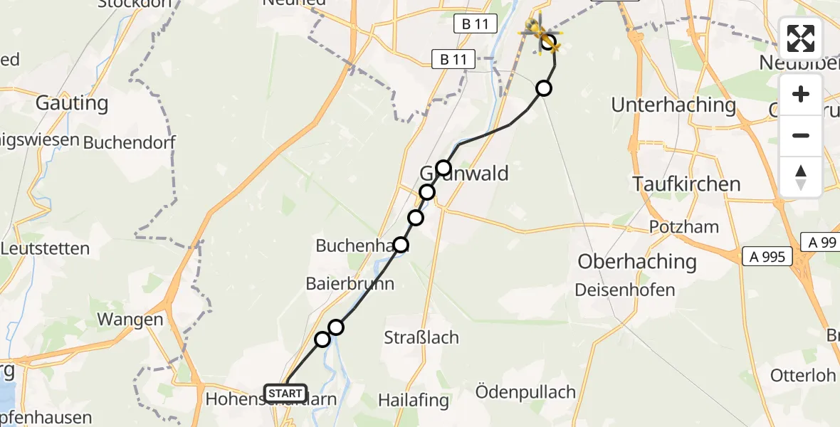 Flugroute Rettungshubschrauber Schäftlarn - ADAC Air Rescue Center Hubschrauberlandeplatz (Christoph 1), 14 Juni 2026, 12:17