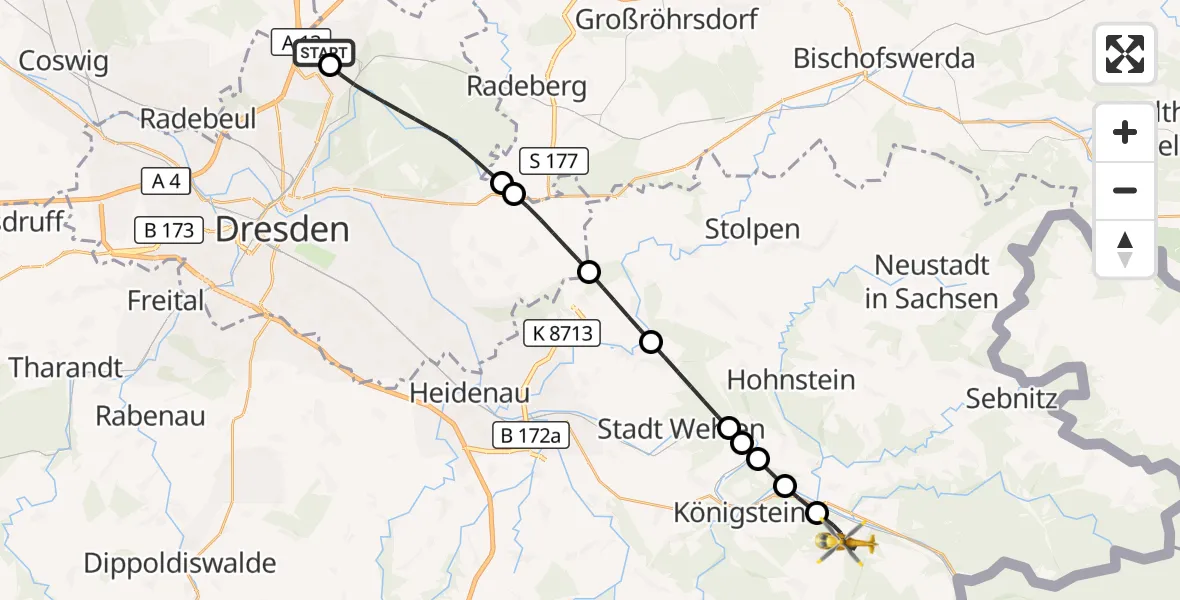 Flugroute Rettungshubschrauber Dresden Flughafen - Gohrisch, 14 Juni 2026, 12:20
