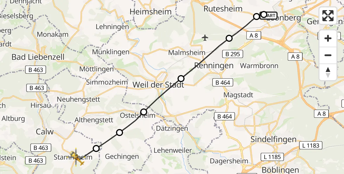 Flugroute Rettungshubschrauber Leonberg Hospital - Calw, 14 Juni 2026, 12:36